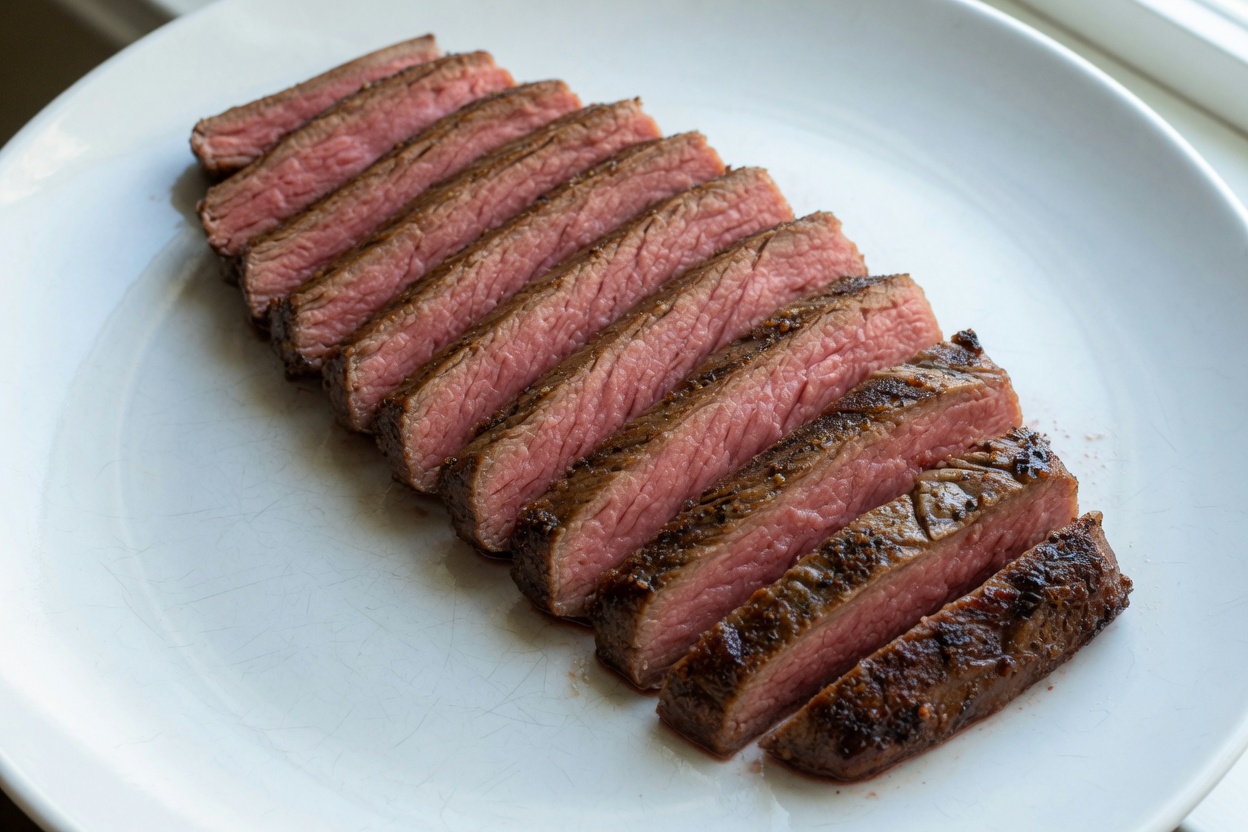 Flank steak sliced against the grain on a plate