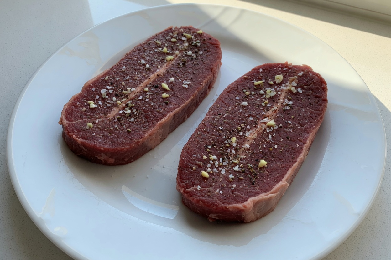 Two flat iron steaks seasoned with salt, pepper, and garlic