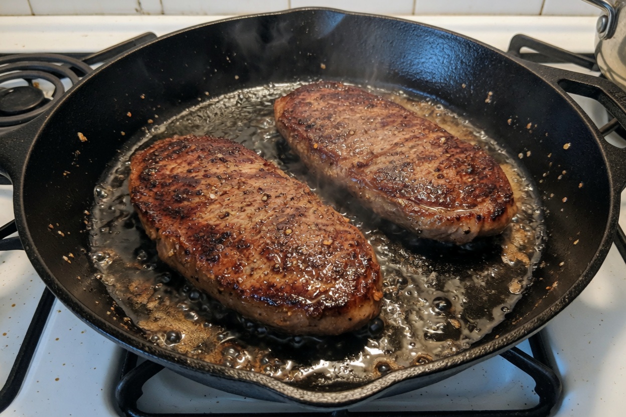 Two flat iron steaks searing in a skillet in a single layer
