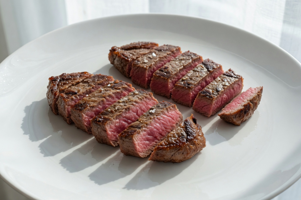 Two flat iron steaks sliced against the grain on a plate