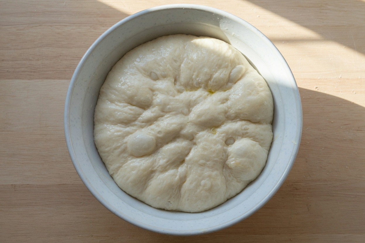 Focaccia dough risen in a bowl until doubled