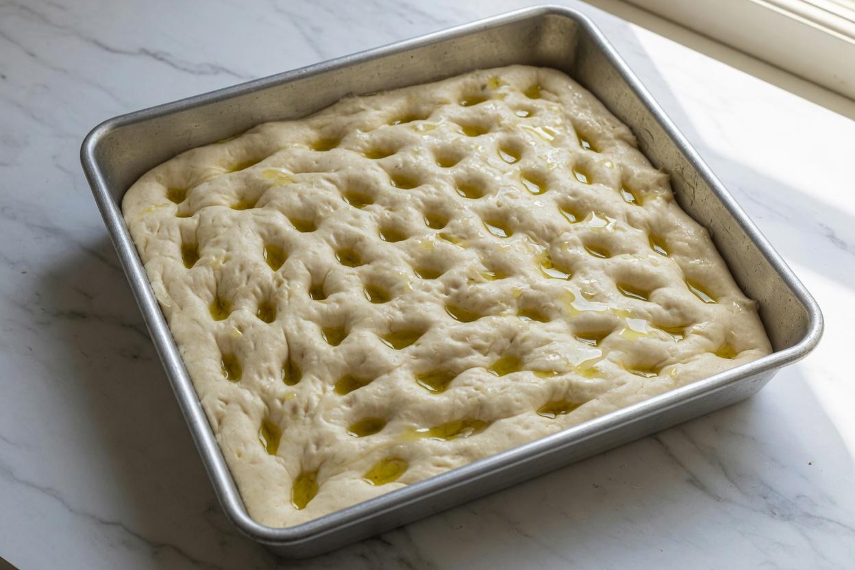 Unbaked focaccia dimpled in an oiled square pan