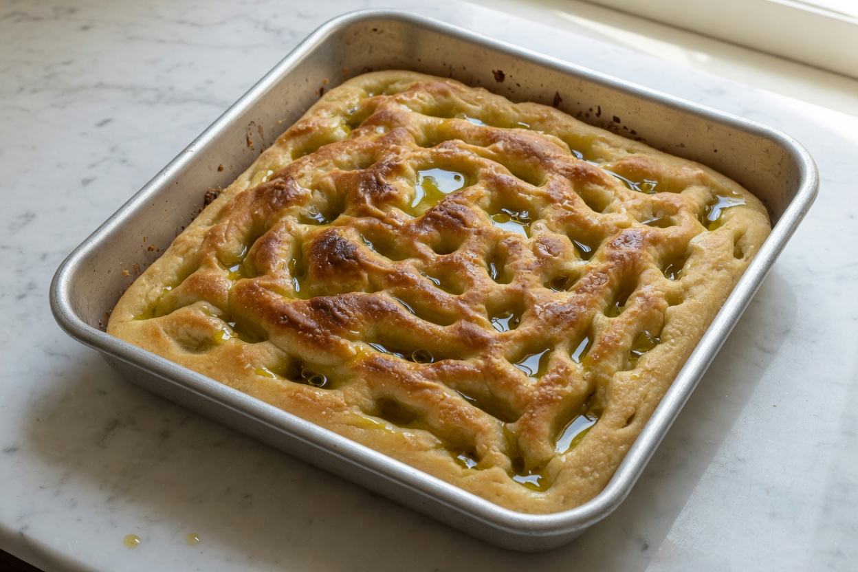 Baked focaccia golden brown in the pan