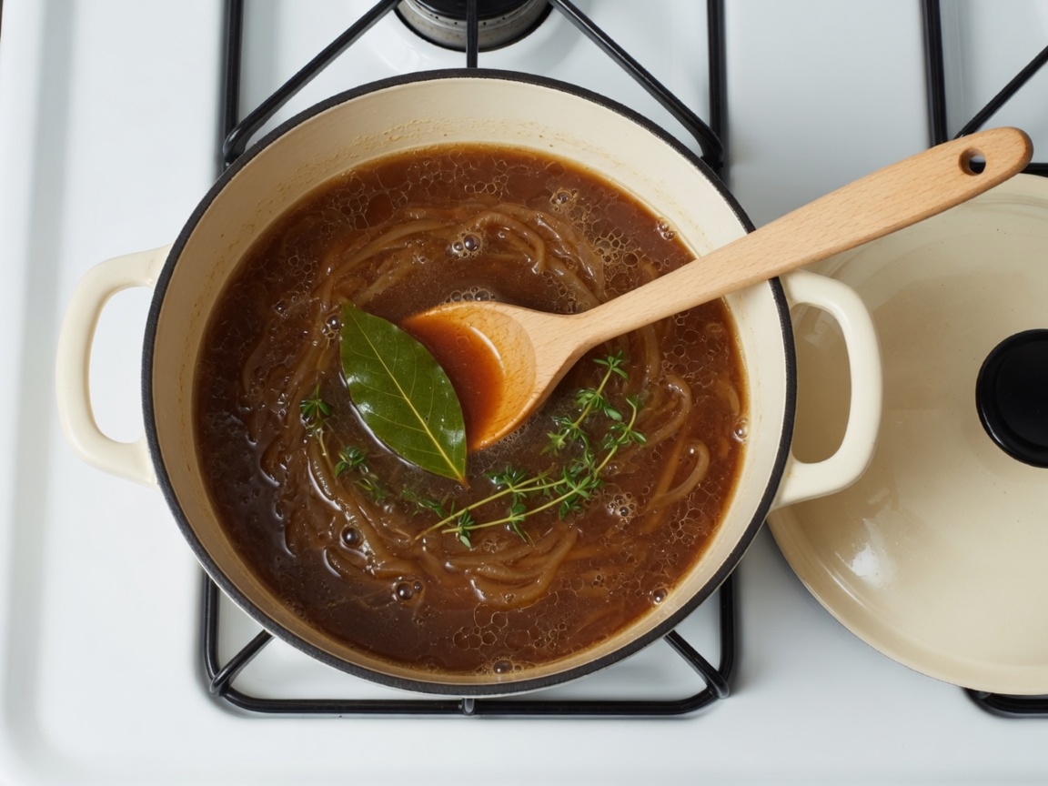 Beef broth simmering with thyme and bay in the same Dutch oven