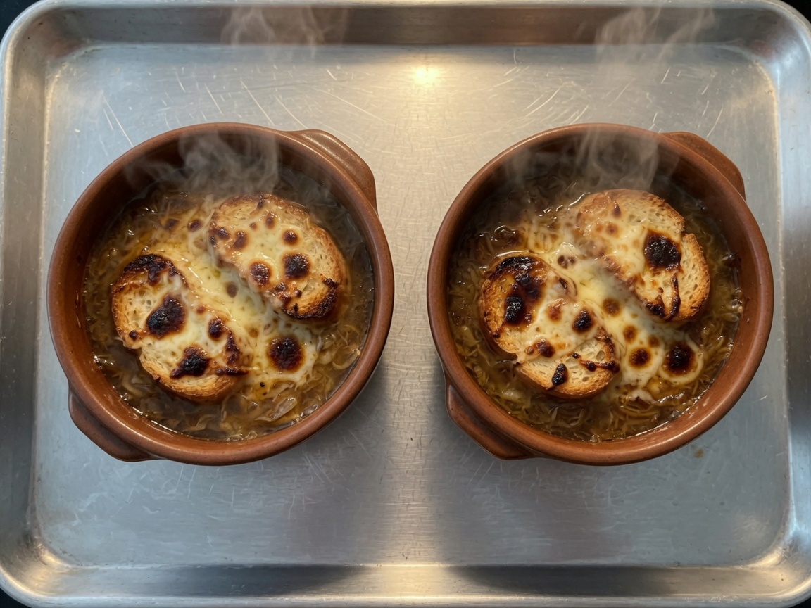 Onion soup crocks on a baking sheet under the broiler with blistered Gruyere