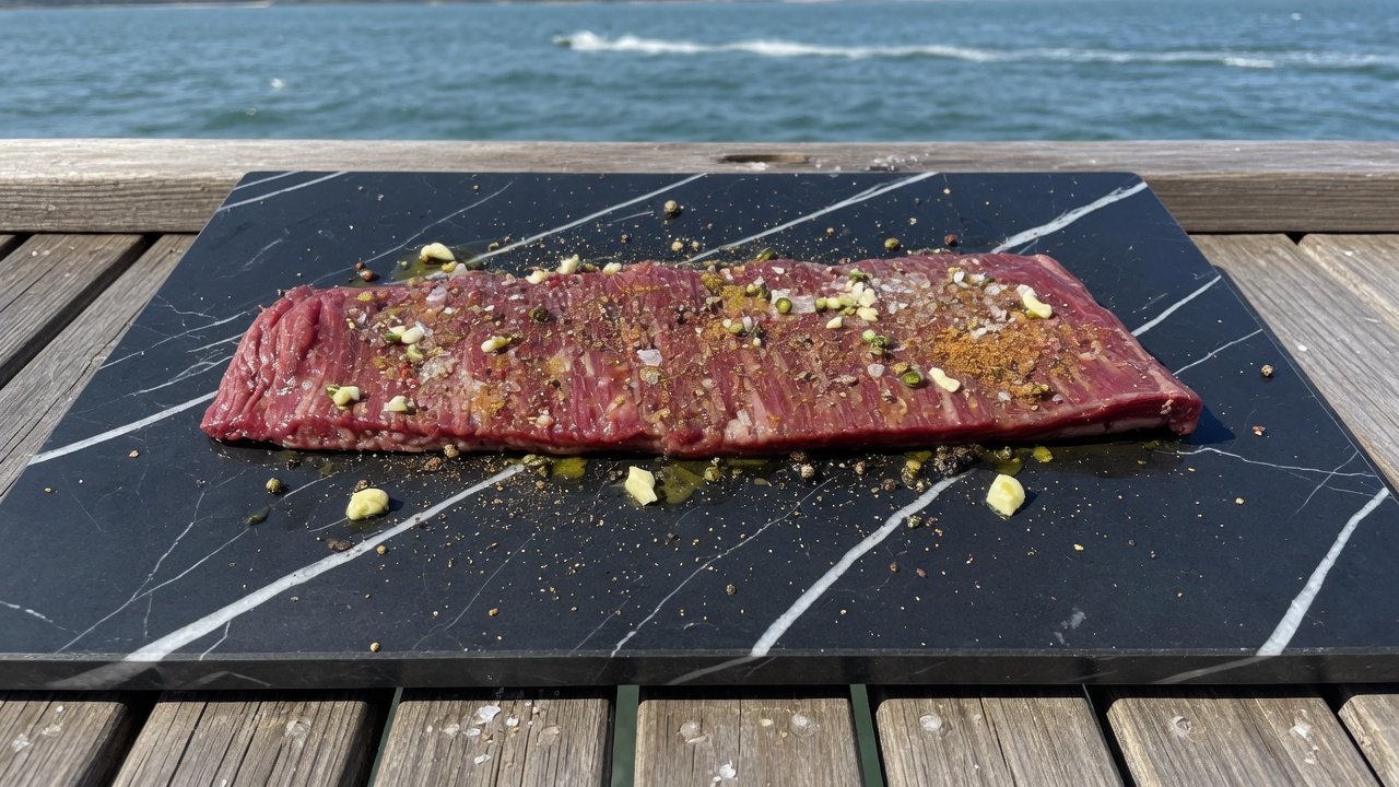 Raw steak rubbed with oil and spices