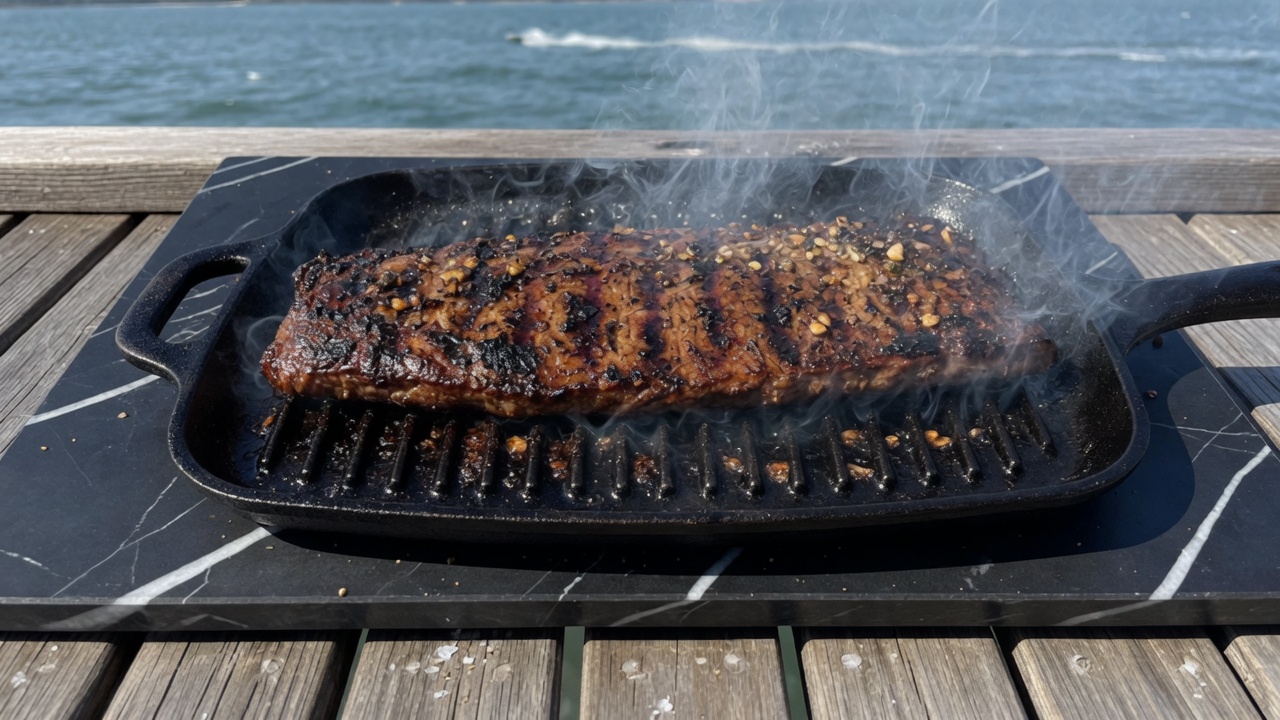 Steak searing on a hot grill pan