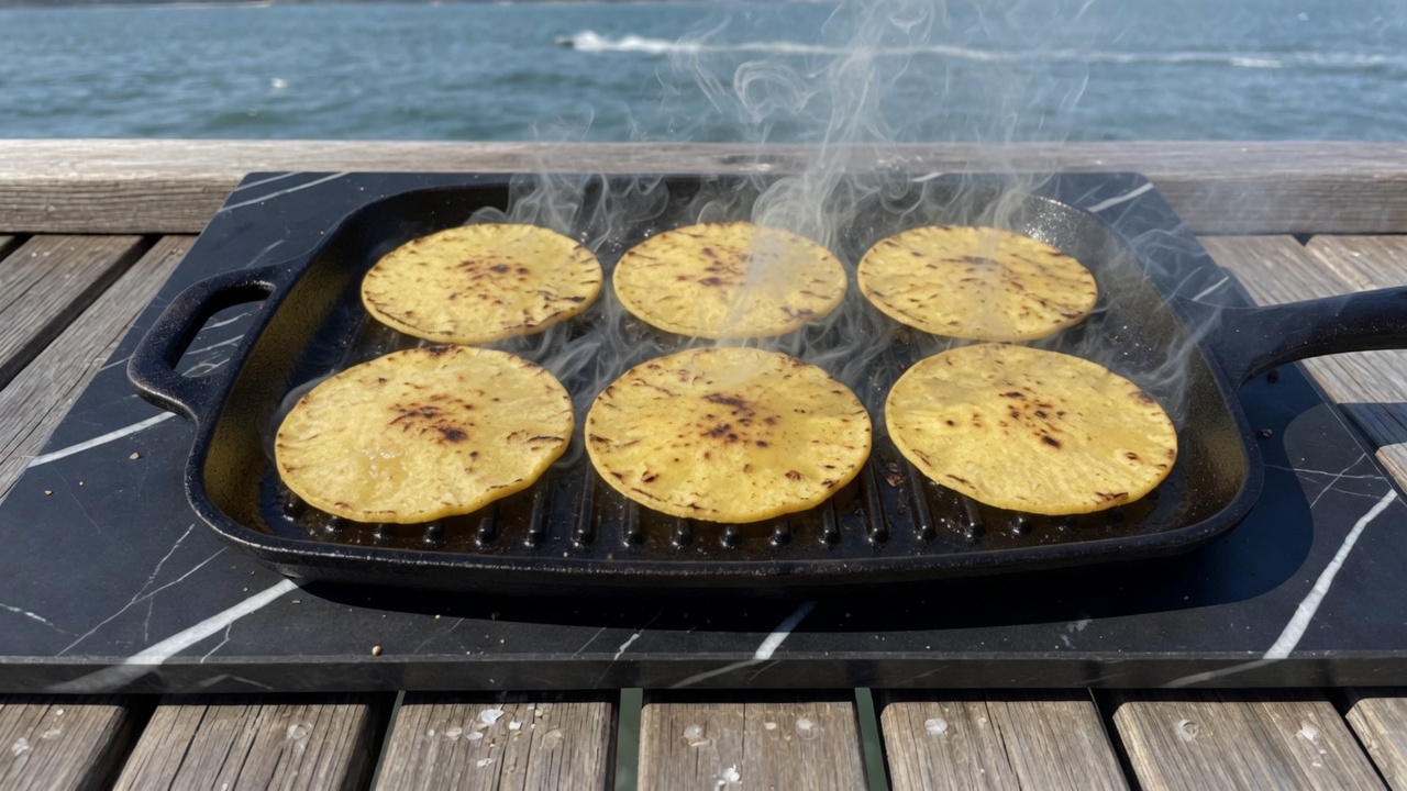 Corn tortillas warming on the grill pan