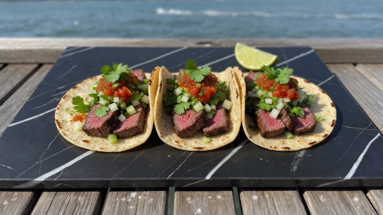 Tacos built with steak, onion, cilantro, and salsa