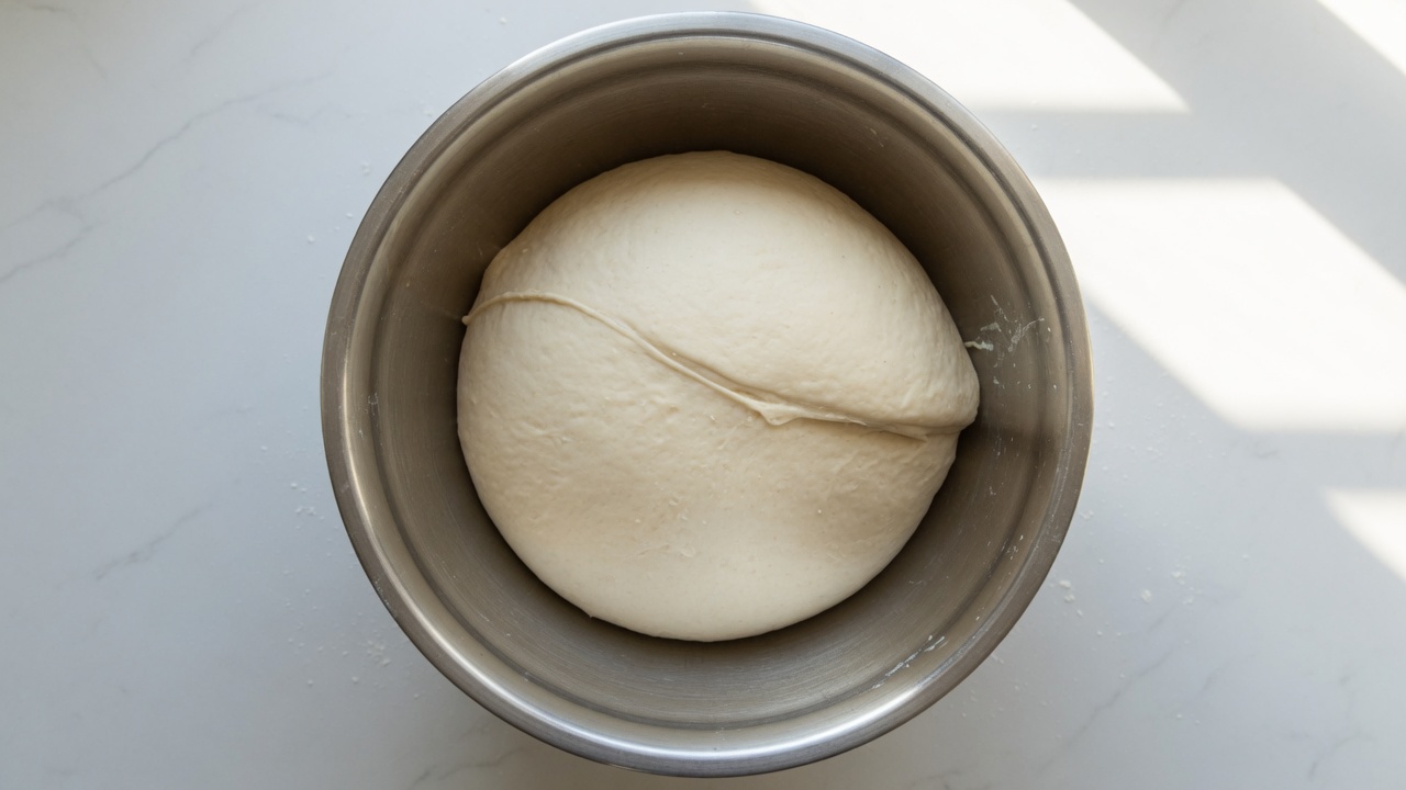 Smooth risen yeast dough ball in a mixing bowl