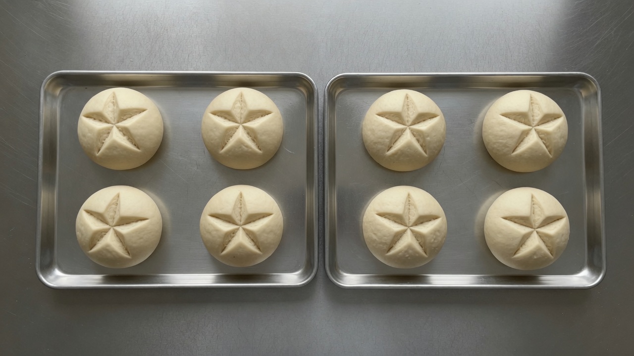 Eight kaiser-folded rolls on two bare baking sheets