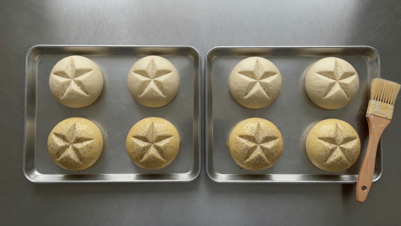 Egg wash and poppy seeds going on the kaiser rolls