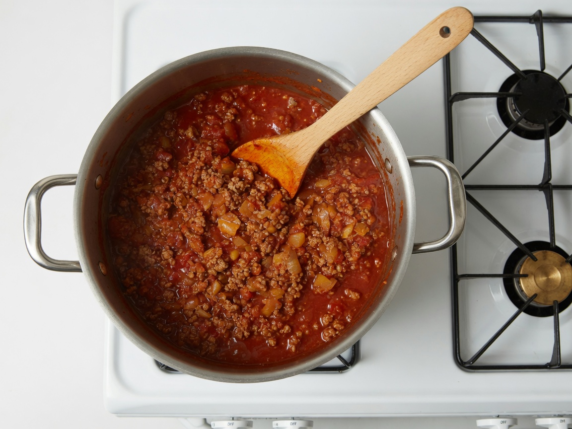 Ground beef and sausage simmering with tomatoes in a wide stainless pot