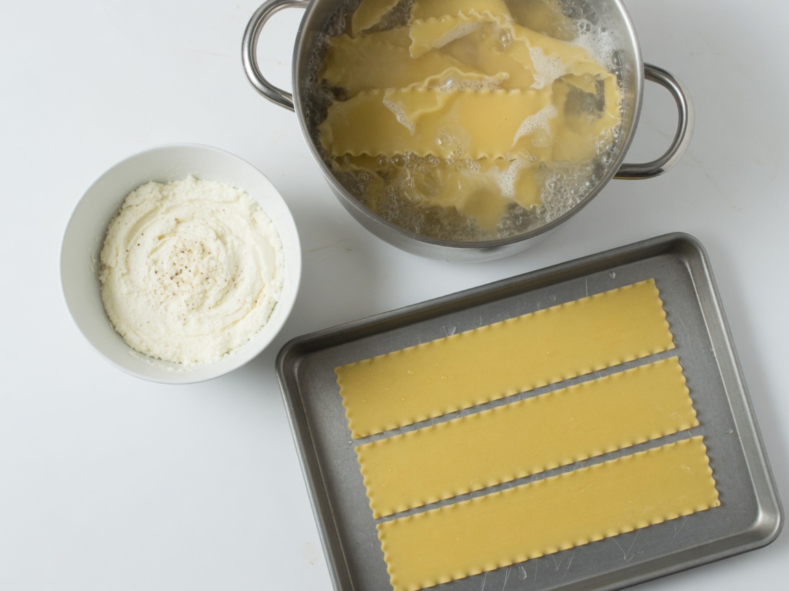 Lasagna noodles in boiling water, ricotta mixed in a bowl, noodles on a baking sheet