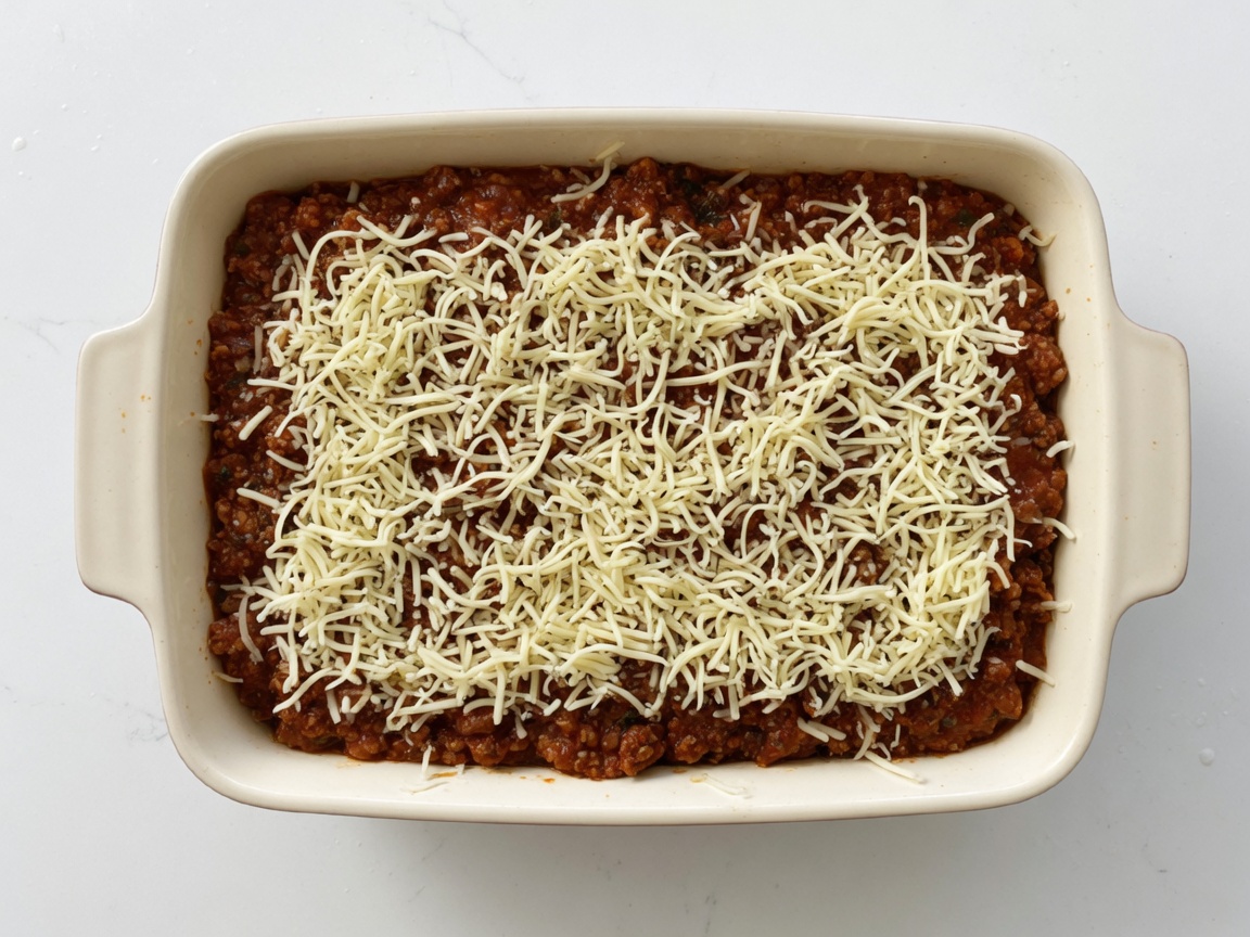 Lasagna being layered in a 9x13 ceramic baking dish