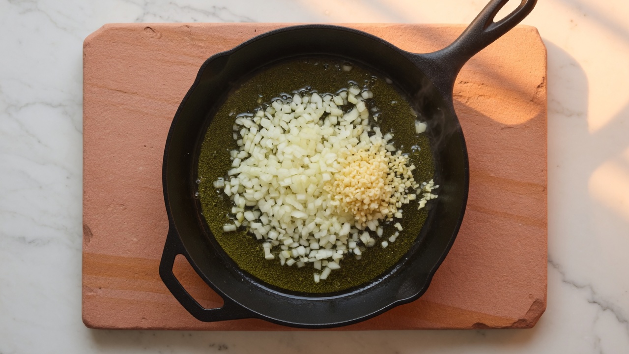 Onion and garlic softening in a skillet