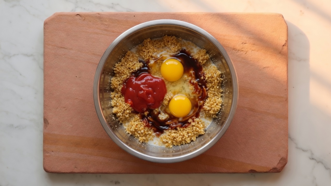 Breadcrumbs soaked with milk, eggs, and ketchup