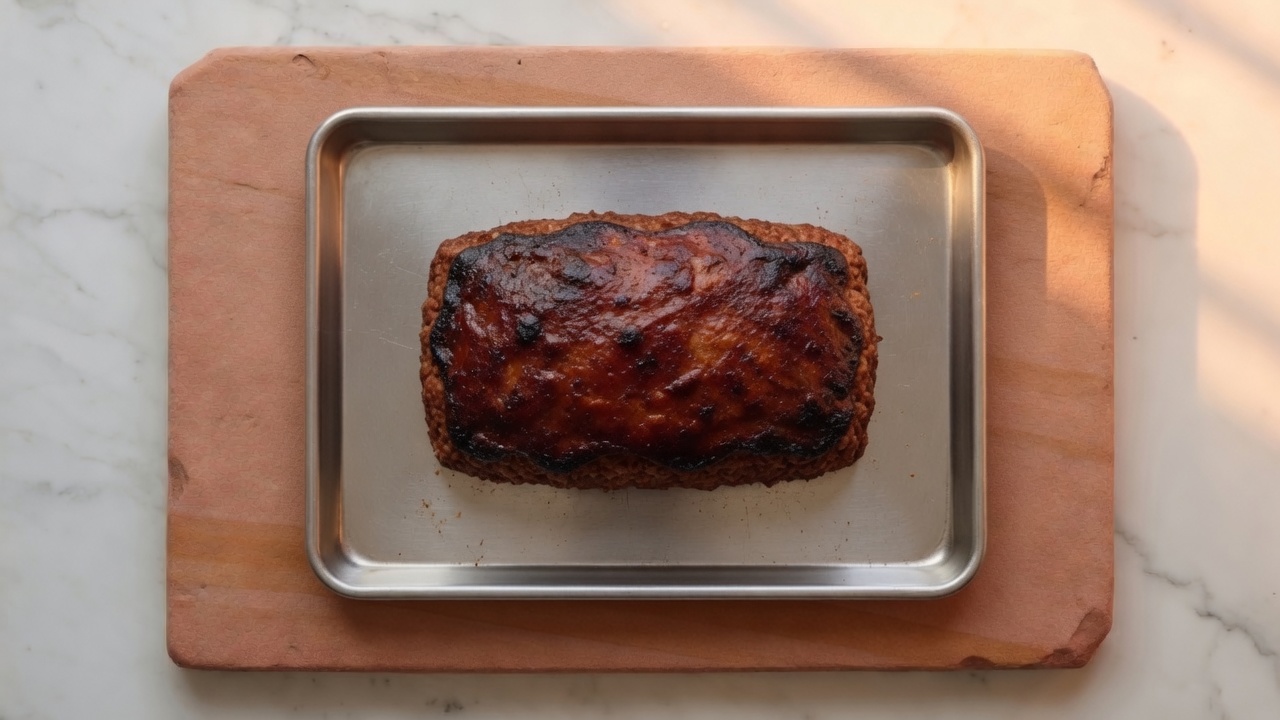 Baked meatloaf with set glaze on a bare sheet