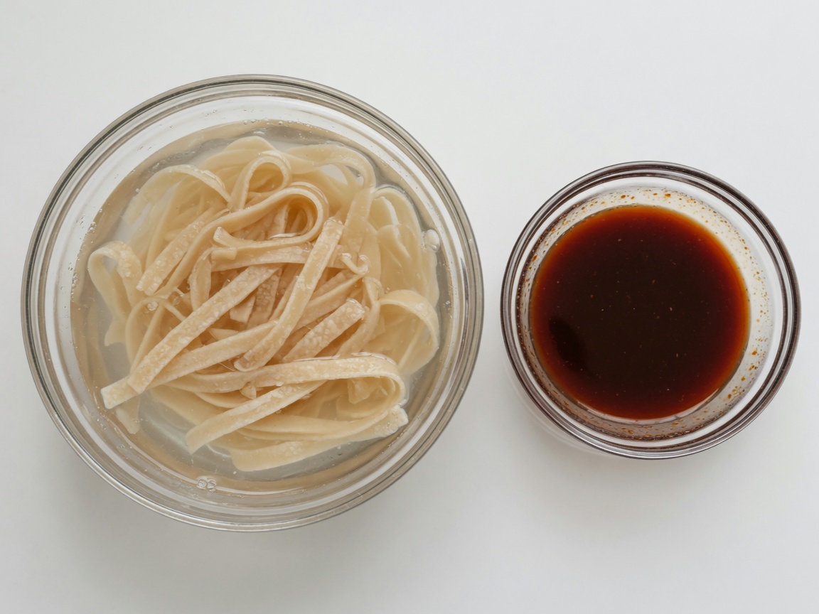 Rice noodles soaking in a bowl beside a mixed tamarind sauce
