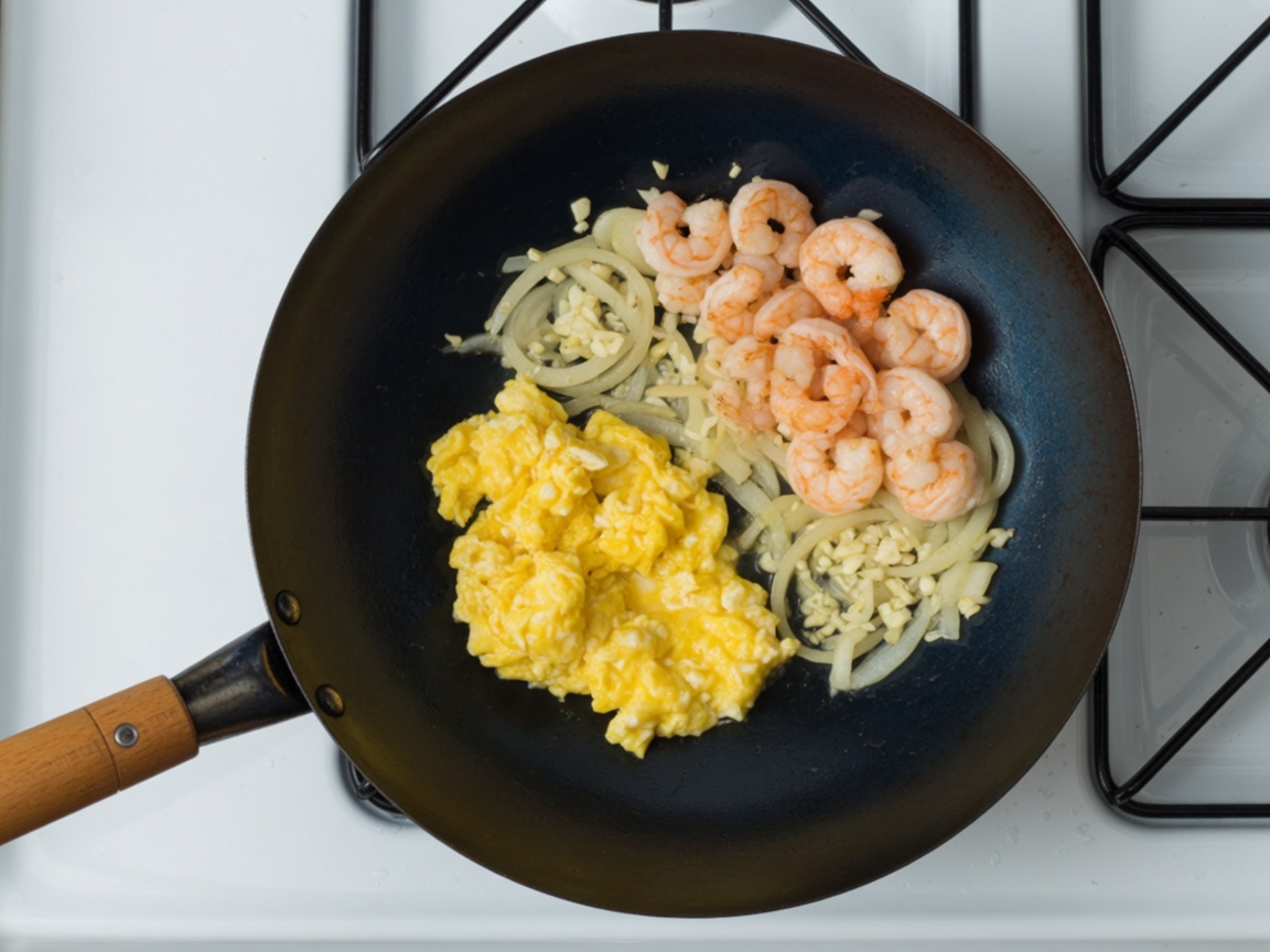 Shrimp, onion, garlic, and scrambled eggs cooking in a carbon-steel wok