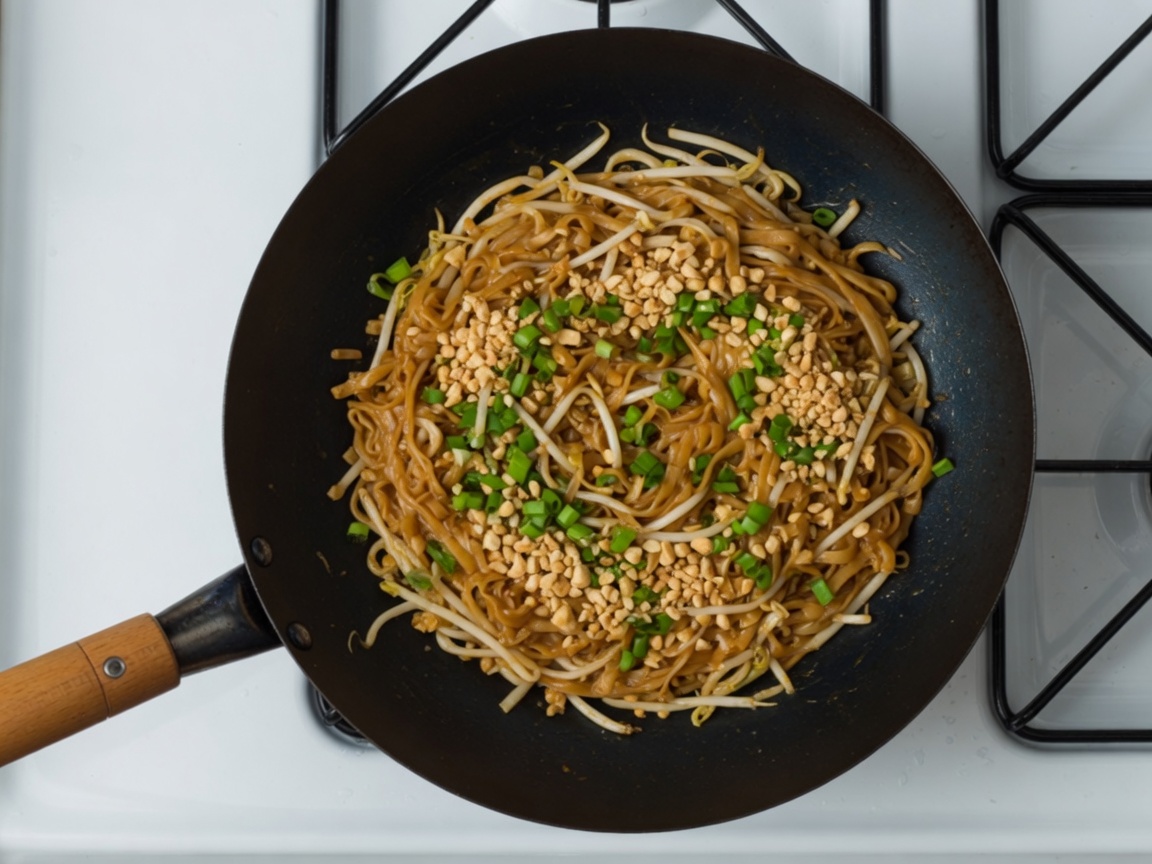 Rice noodles tossed in the same wok with sauce, bean sprouts, and peanuts