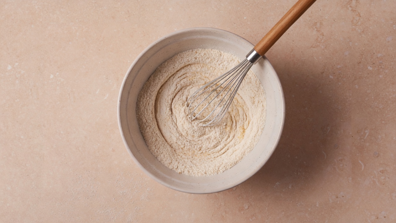 Dry pancake mix whisked in a bowl