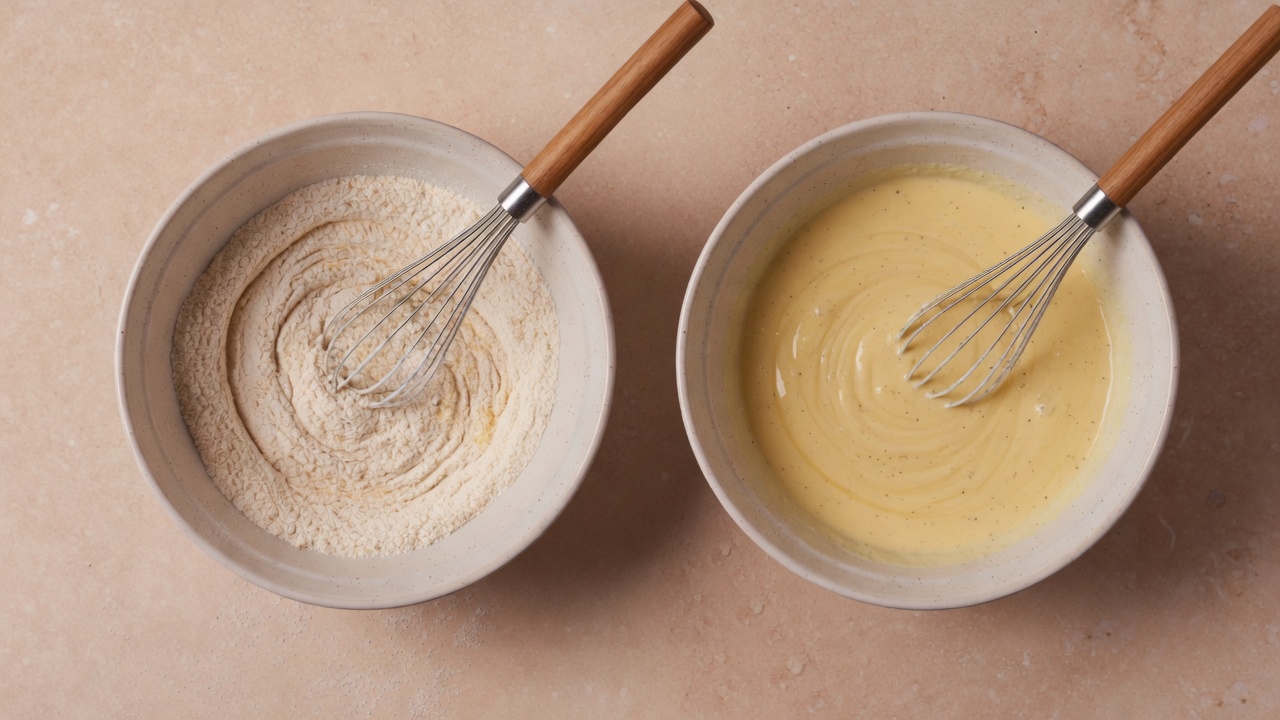 Eggs, milk, butter, and vanilla whisked in a second bowl