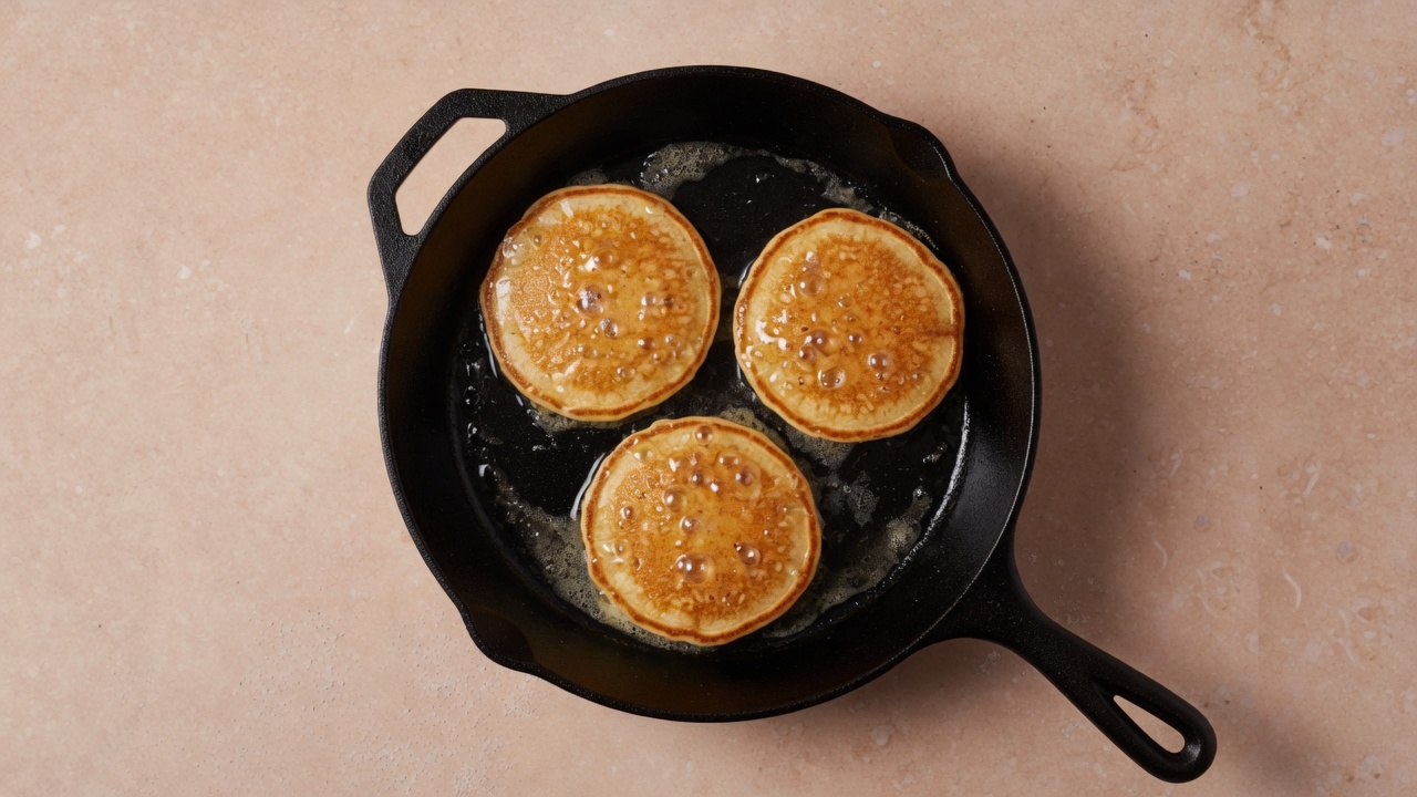 Three pancakes cooking in a skillet