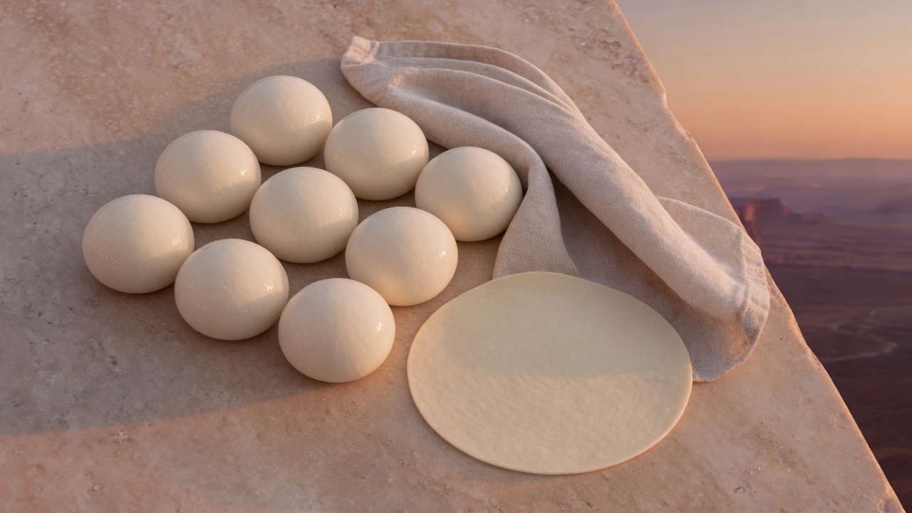 Eight dough pieces, one rolled into a thin round
