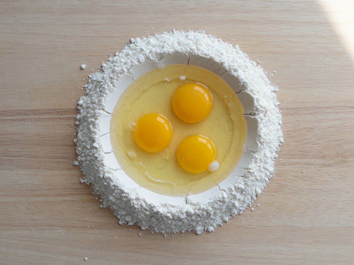Making homemade pasta dough with flour and three eggs