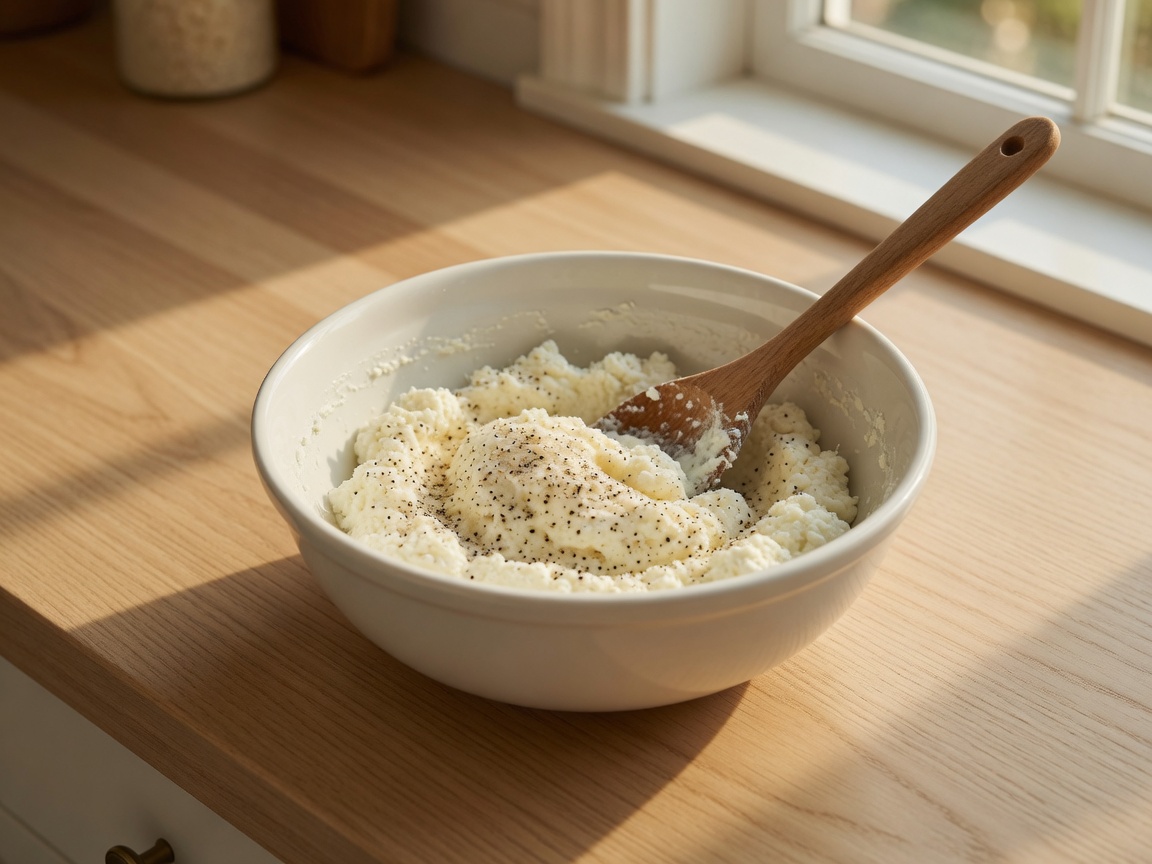 Mixing ricotta cheese filling for ravioli