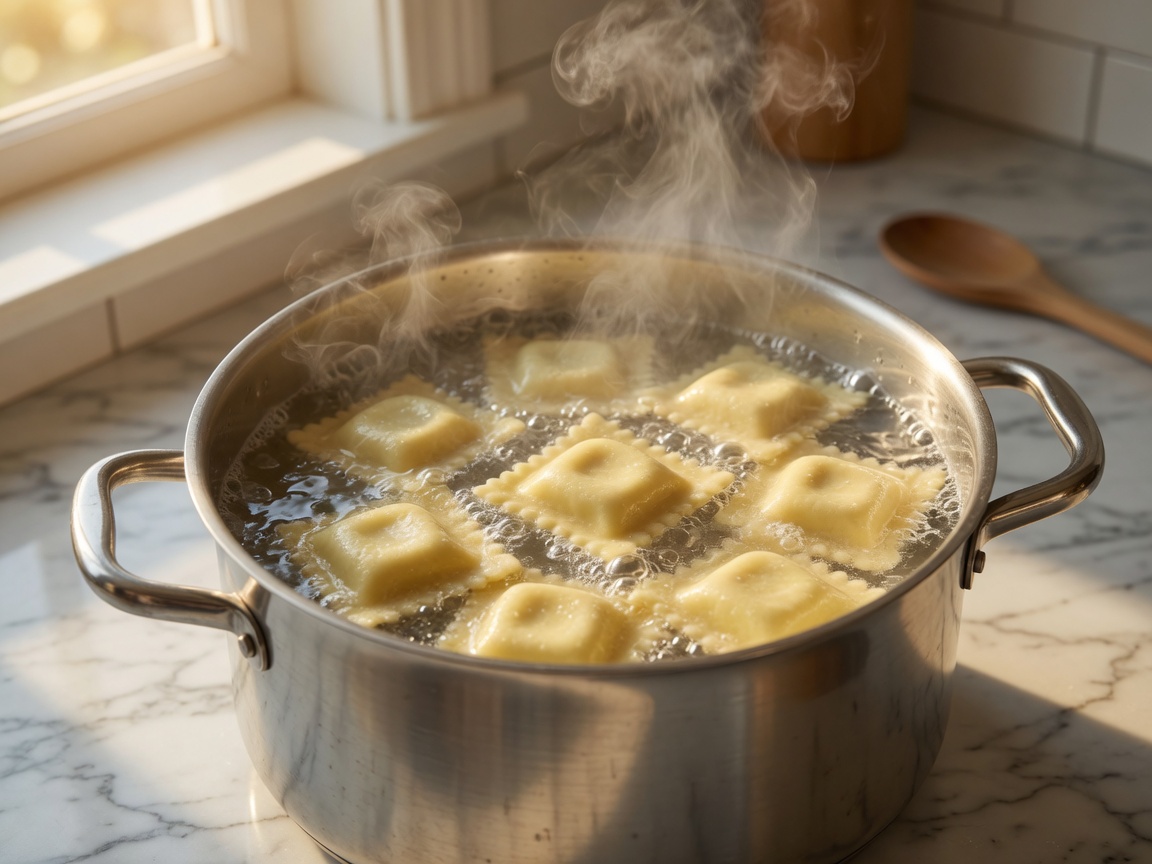 Boiling homemade ravioli in salted water