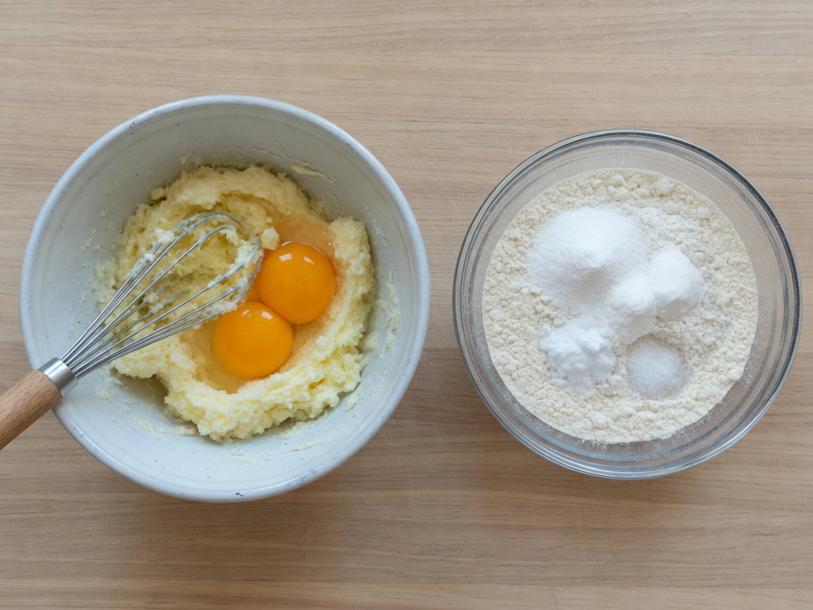 Creamed butter with two egg yolks and a dry mix bowl