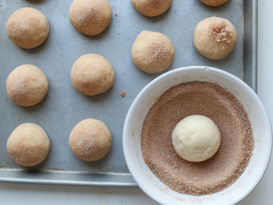 Rolling dough balls in cinnamon sugar on a bare sheet
