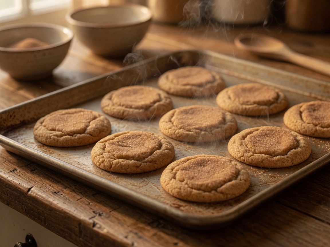 Baked snickerdoodles with crackled tops on a sheet