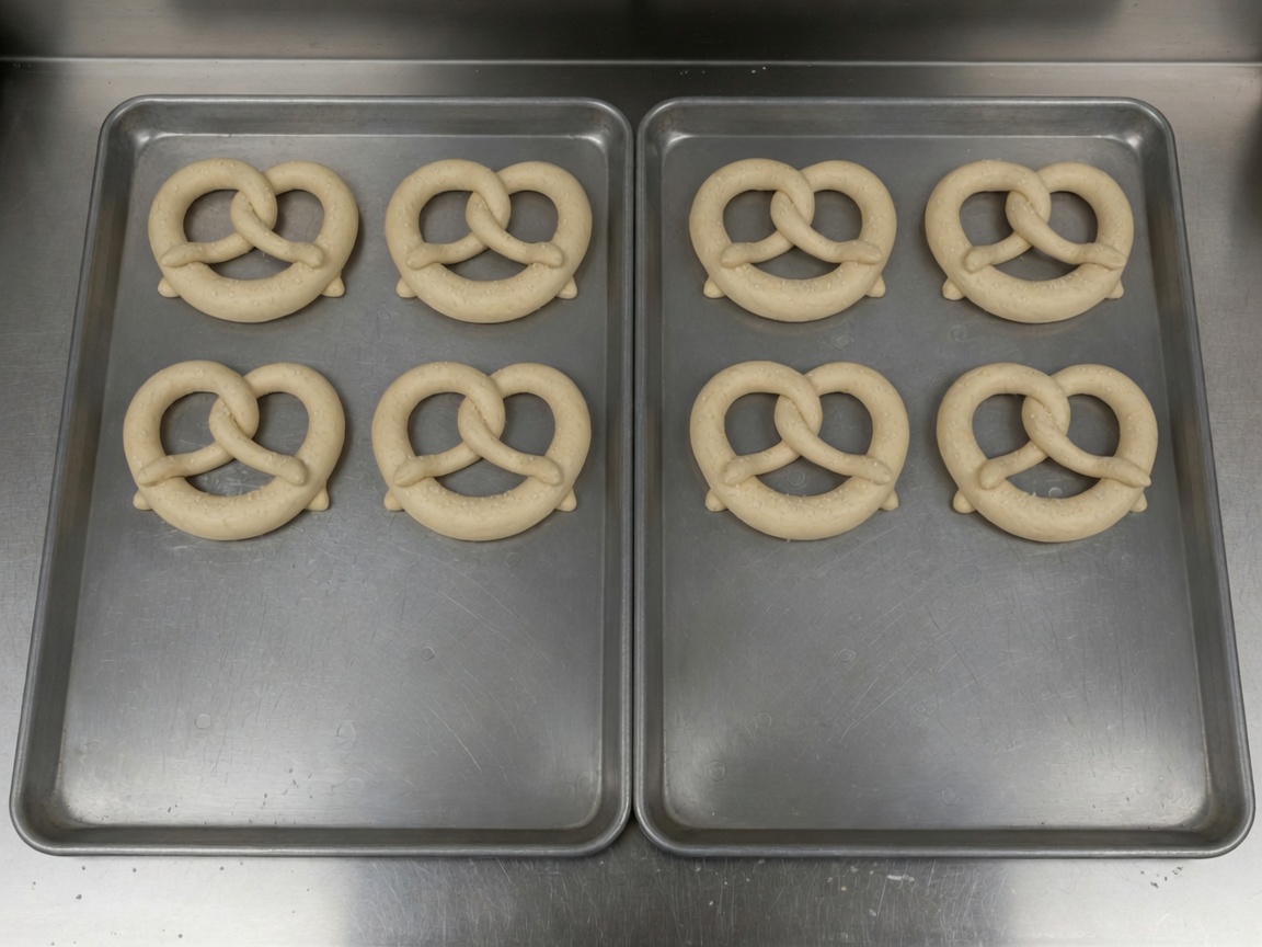 Eight shaped soft pretzels ready for the bath
