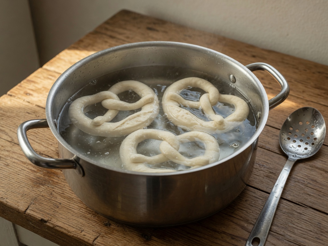 Dipping pretzels in a baking soda bath