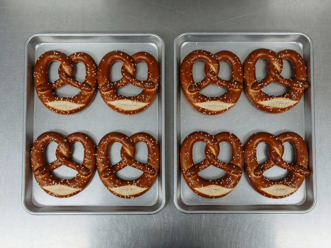 Eight baked golden soft pretzels on two bare sheets