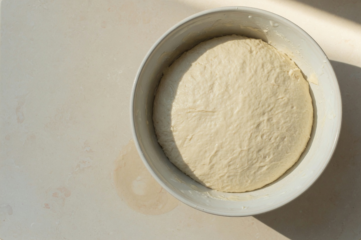 Mixed sourdough in a bowl after folds