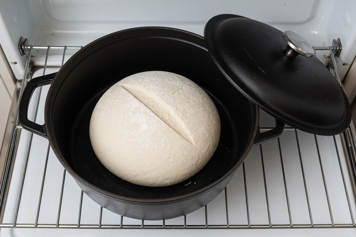Scored dough in a hot Dutch oven