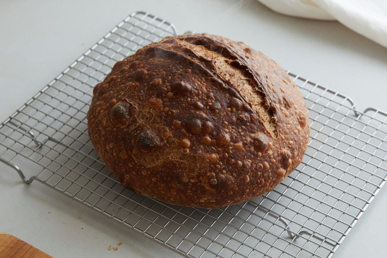Baked sourdough boule cooling on a rack