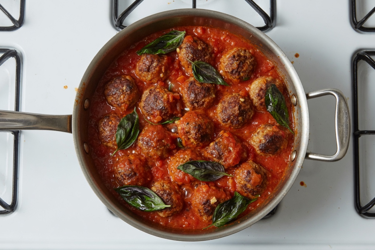 Meatballs simmering in tomato sauce
