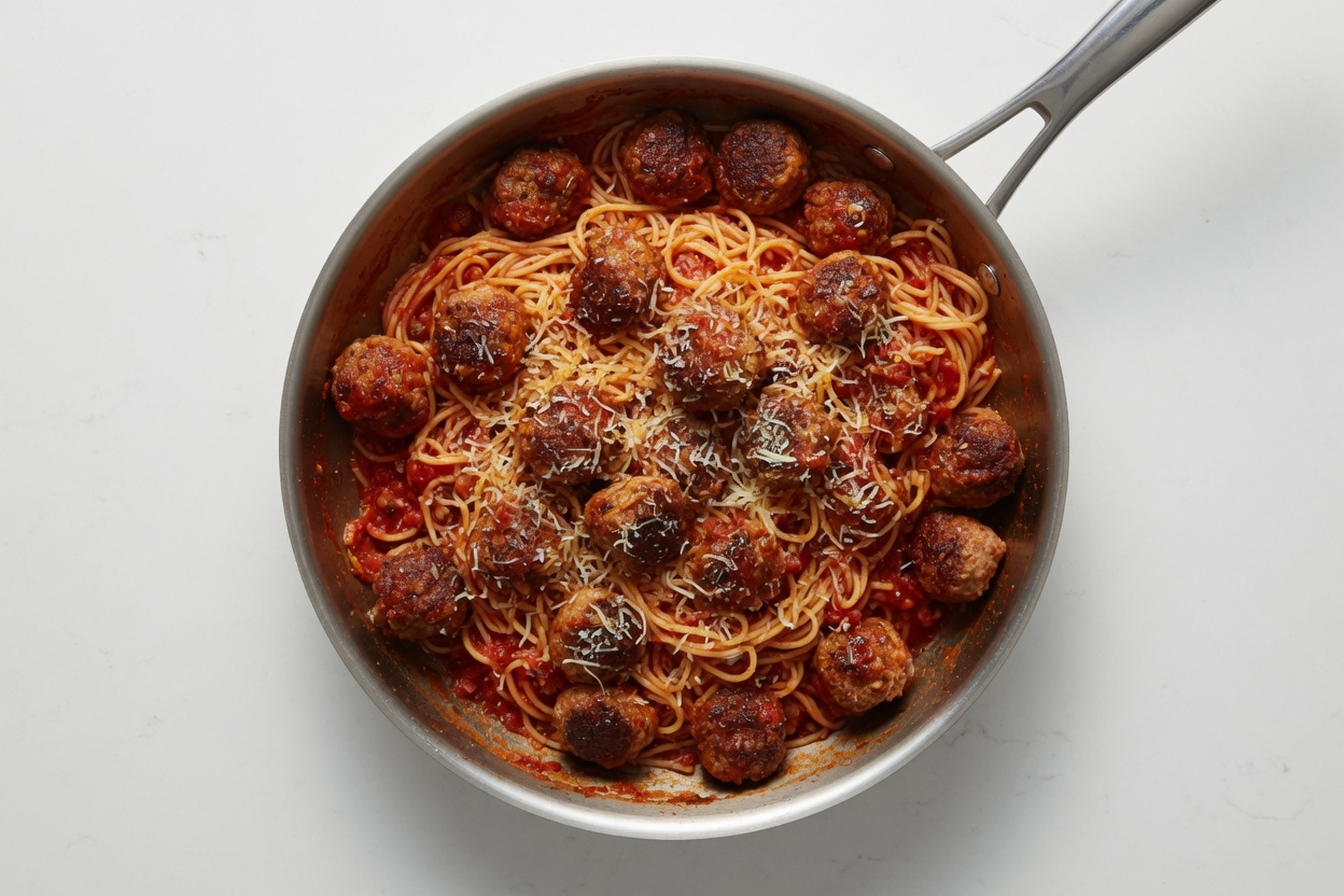 Spaghetti tossed with meatballs in the skillet