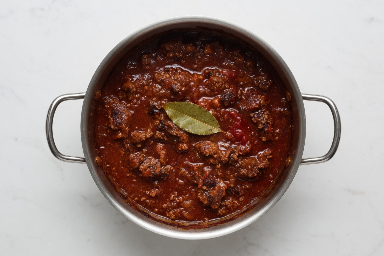 Beef ragù simmering with tomatoes and wine