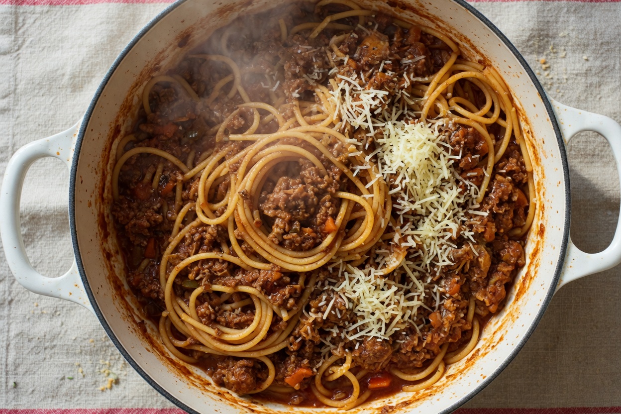 Spaghetti tossed in bolognese