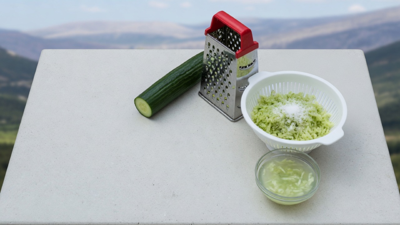 English cucumber grated into a colander with salt, liquid collected underneath