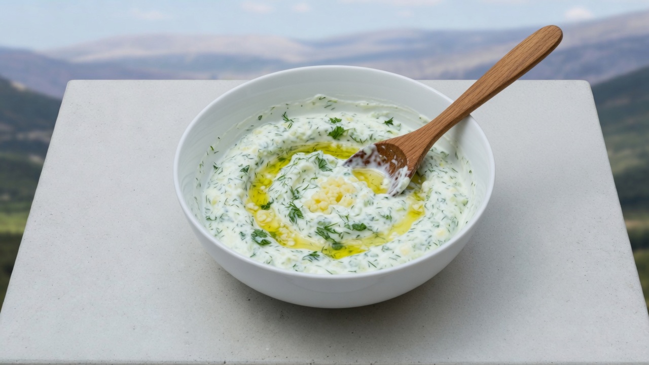 Squeezed cucumber stirred into Greek yogurt with garlic, herbs, and oil in one bowl