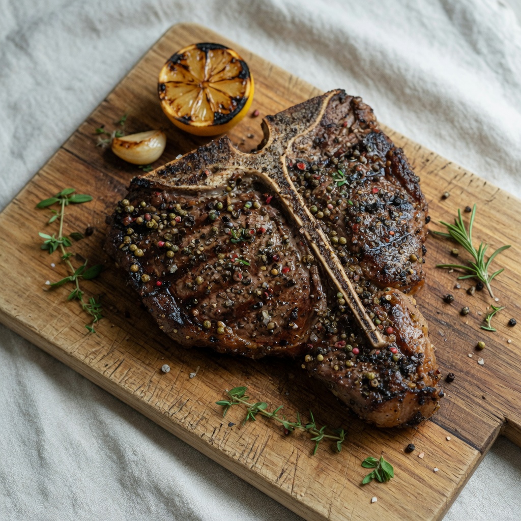 Illustration based on Grilled Pepper Crusted T-Bone Steaks with Worcestershire-Chive Butter